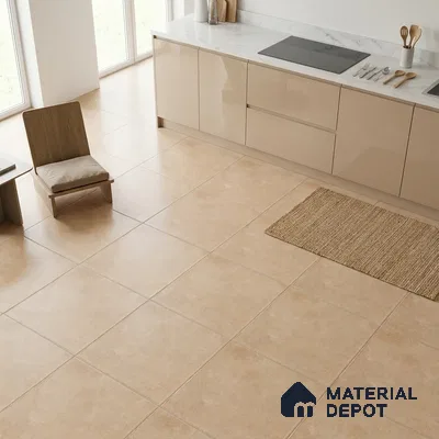 Minimalist kitchen with beige glossy laminate cabinets and marble countertop with beige floor tiles