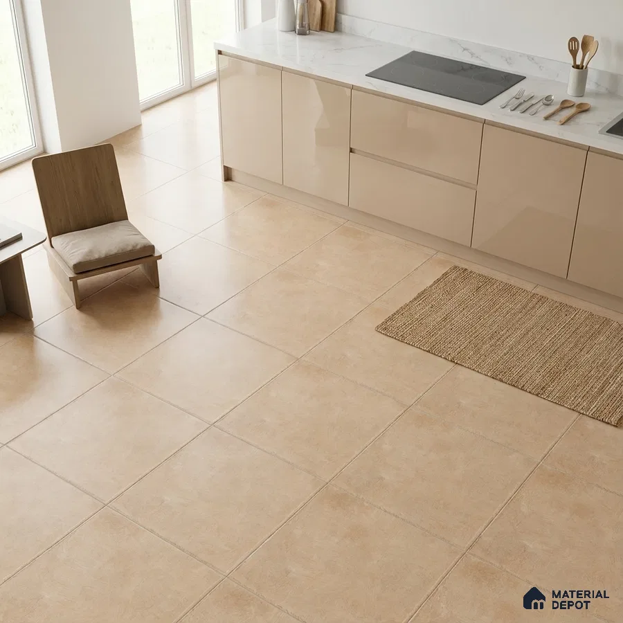 Minimalist kitchen with beige glossy laminate cabinets and marble countertop with beige floor tiles