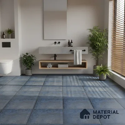 Minimalist bathroom with blue stone-look floor tiles and floating concrete vanity