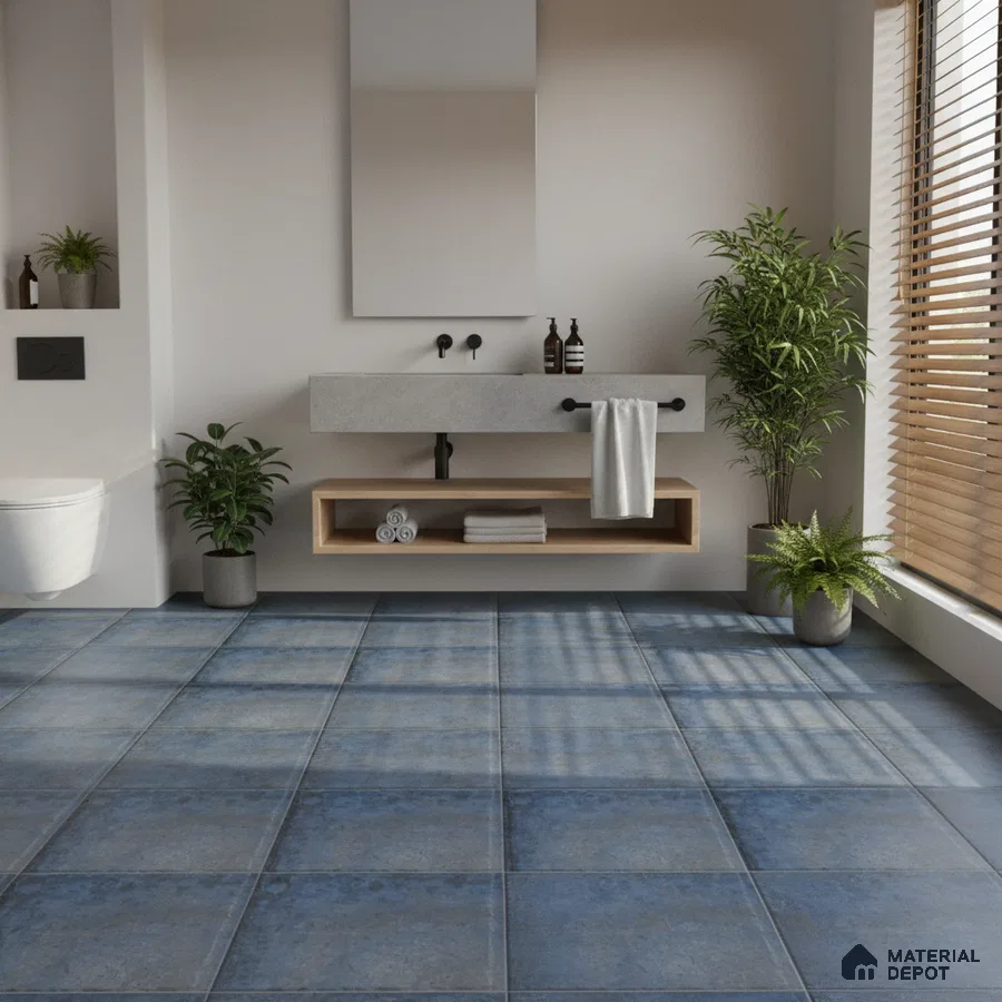 Minimalist bathroom with blue stone-look floor tiles and floating concrete vanity