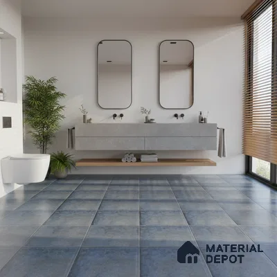 Minimalist bathroom with blue stone-look floor tiles and floating concrete vanity