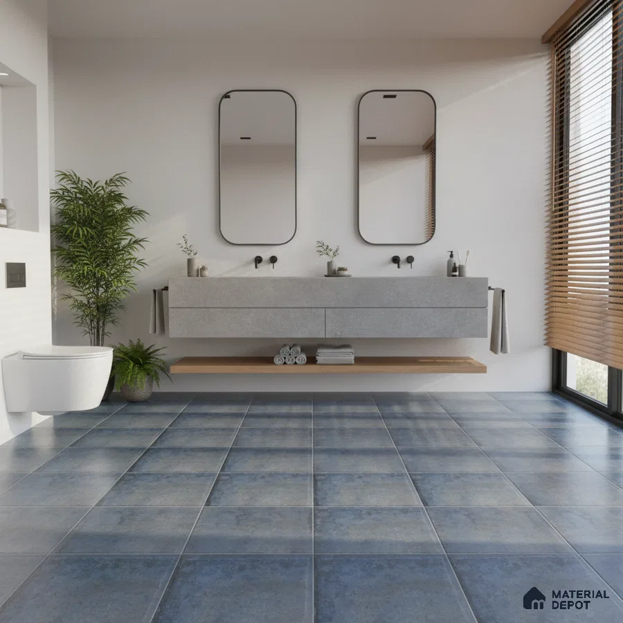 Minimalist bathroom with blue stone-look floor tiles and floating concrete vanity