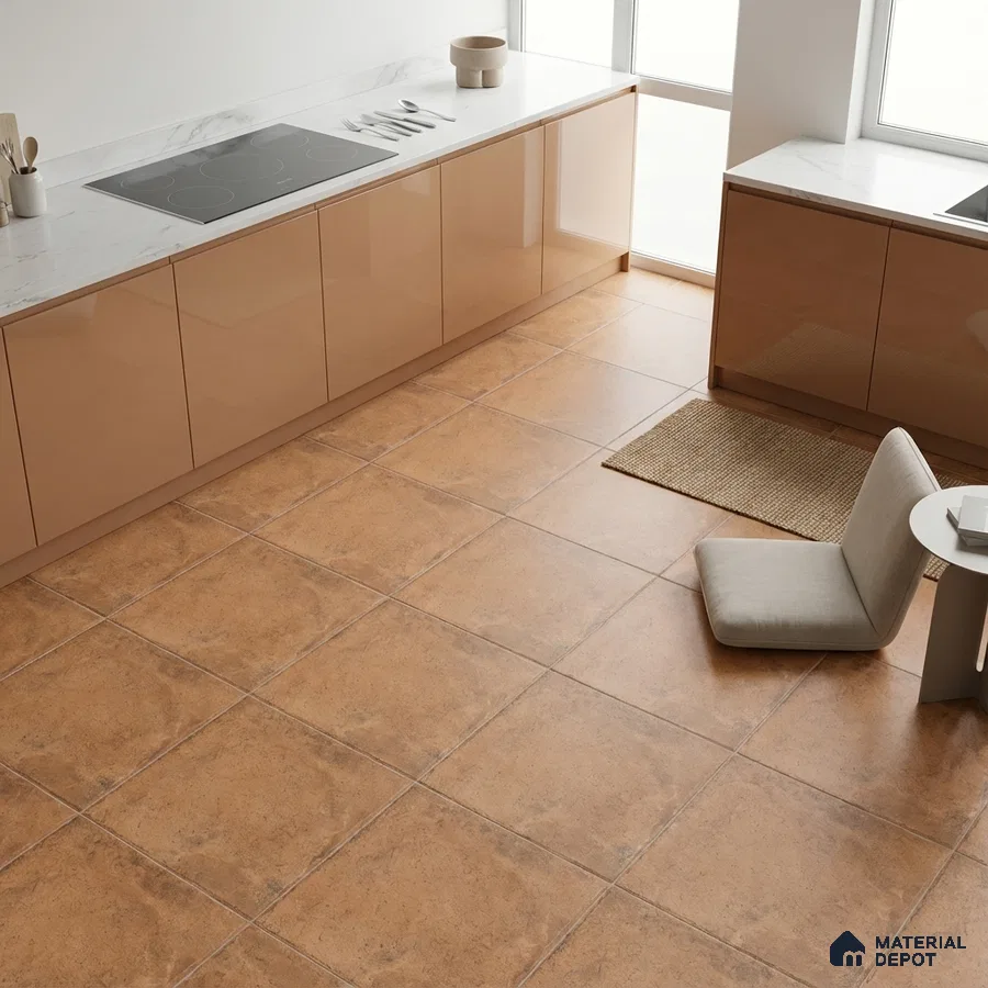 Modern kitchen with glossy beige laminate cabinets and marble countertop with terracotta floor tiles