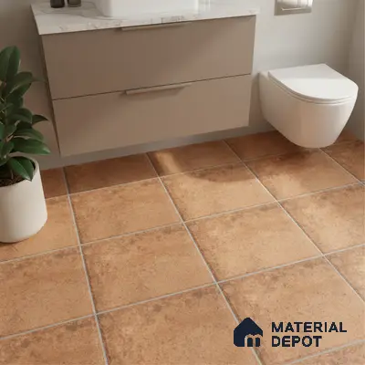 Modern bathroom with terracotta floor tiles and marble countertop vanity
