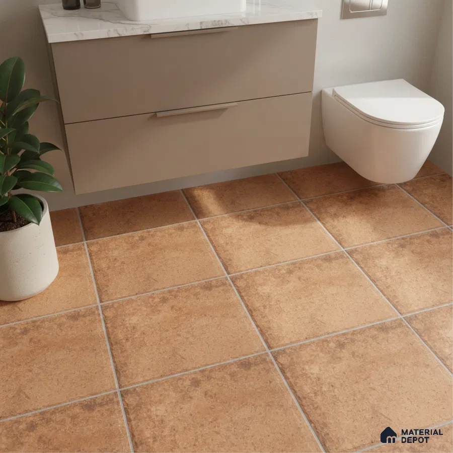 Modern bathroom with terracotta floor tiles and marble countertop vanity