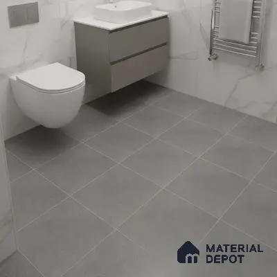 Modern bathroom with grey floor tiles and white marble-look wall tiles