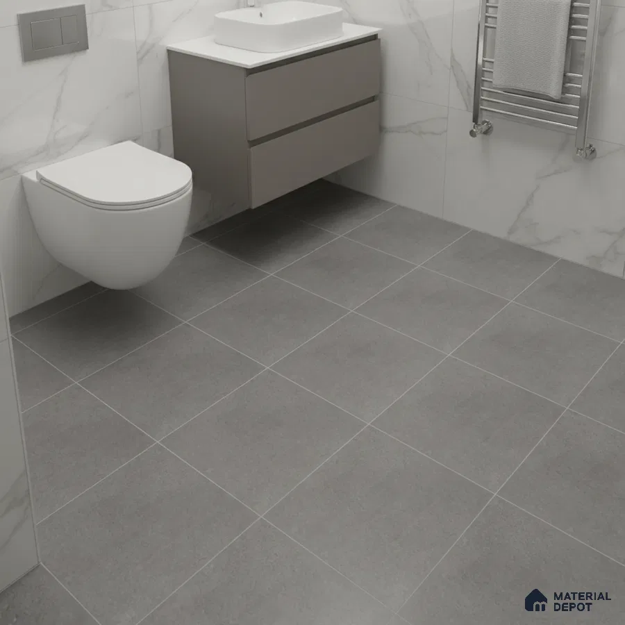 Modern bathroom with grey floor tiles and white marble-look wall tiles