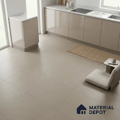 Minimalist kitchen with glossy beige laminate cabinets and large beige stone floor tiles