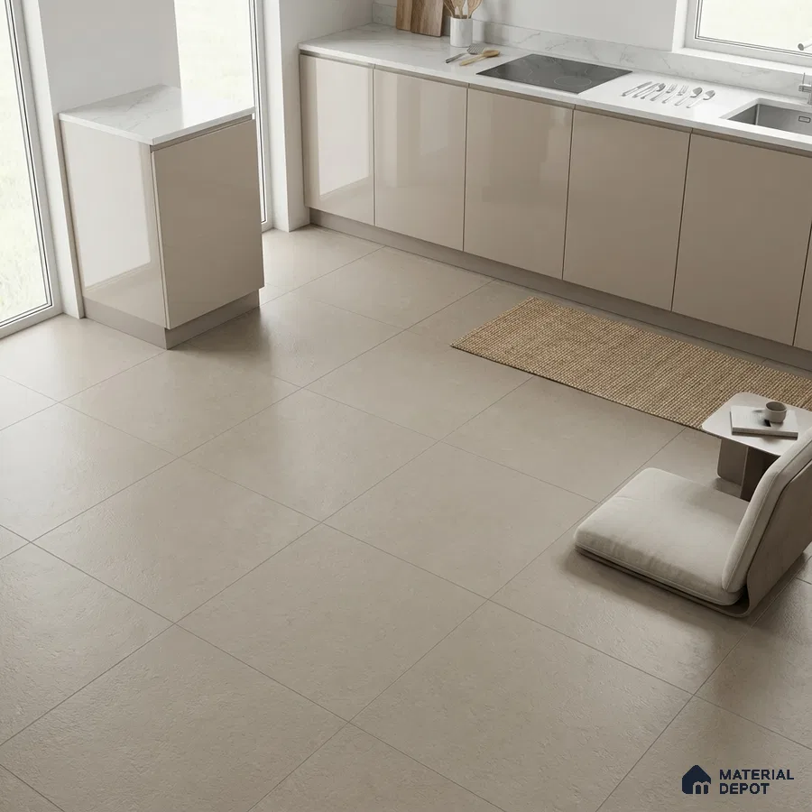 Minimalist kitchen with glossy beige laminate cabinets and large beige stone floor tiles