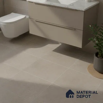Minimalist bathroom with beige matte floor tiles and taupe floating vanity with marble countertop
