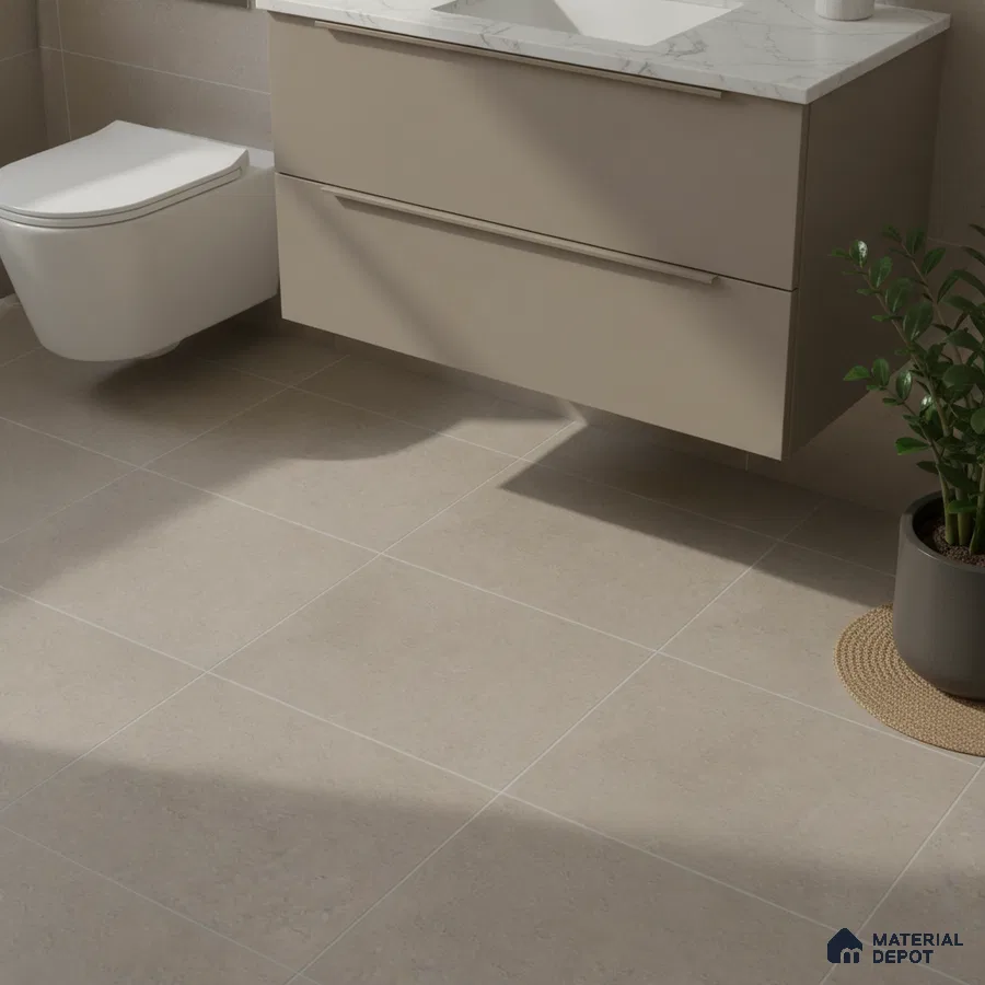 Minimalist bathroom with beige matte floor tiles and taupe floating vanity with marble countertop