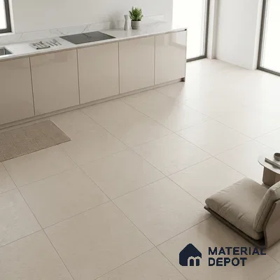Minimalist kitchen with glossy beige laminate cabinets and large format beige floor tiles
