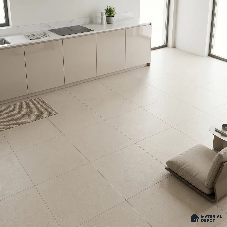 Minimalist kitchen with glossy beige laminate cabinets and large format beige floor tiles