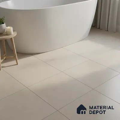 Minimalist bathroom with matte ivory floor tiles and freestanding tub