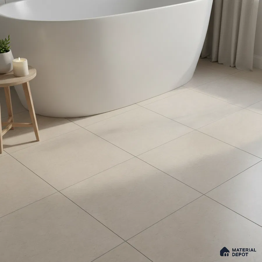 Minimalist bathroom with matte ivory floor tiles and freestanding tub