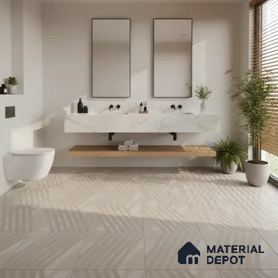 Minimalist bathroom with white marble countertop and beige geometric patterned floor tiles