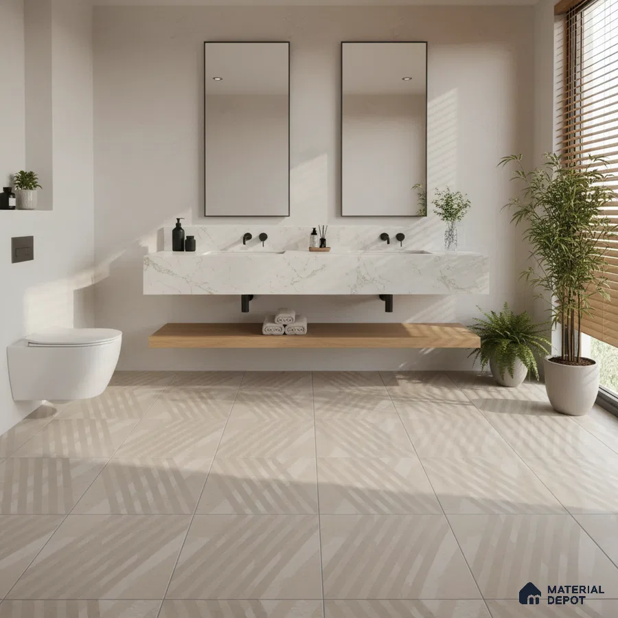 Minimalist bathroom with white marble countertop and beige geometric patterned floor tiles