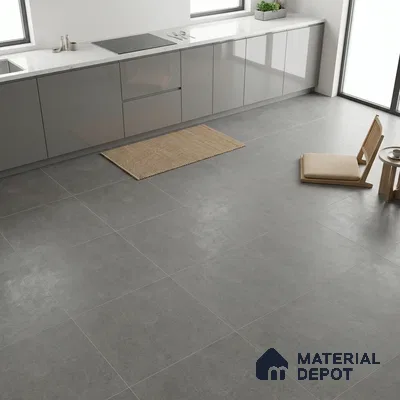 Minimalist kitchen with glossy grey laminate cabinets and large format grey stone floor tiles