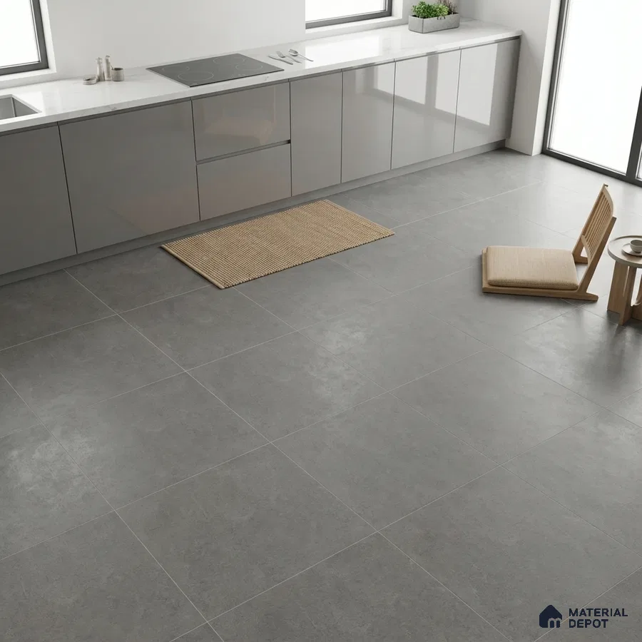 Minimalist kitchen with glossy grey laminate cabinets and large format grey stone floor tiles