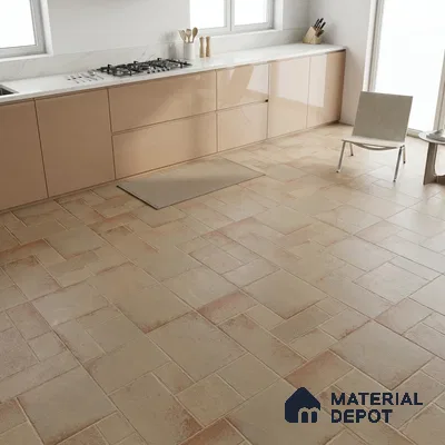 Modern kitchen with glossy beige laminate cabinets and rustic beige stone-look floor tiles
