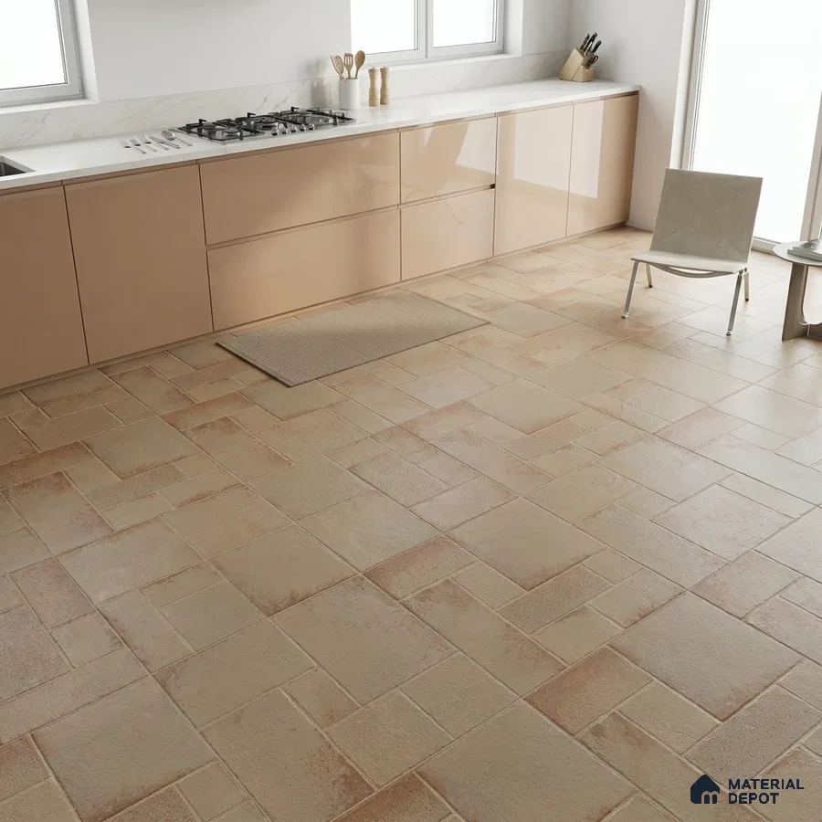 Modern kitchen with glossy beige laminate cabinets and rustic beige stone-look floor tiles