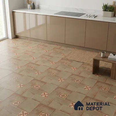 Modern kitchen with beige high gloss laminate cabinets, white marble countertop, and patterned terracotta floor tiles