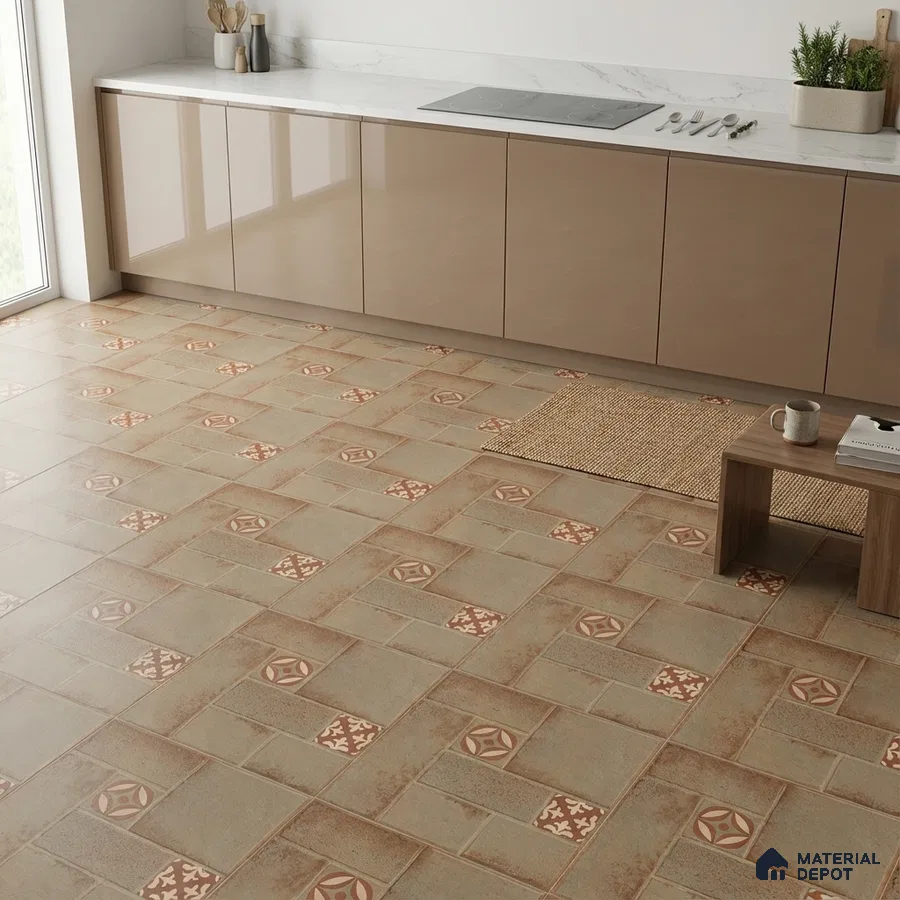 Modern kitchen with beige high gloss laminate cabinets, white marble countertop, and patterned terracotta floor tiles