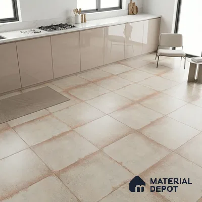 Modern kitchen with glossy beige laminate cabinets and rustic beige stone-look floor tiles