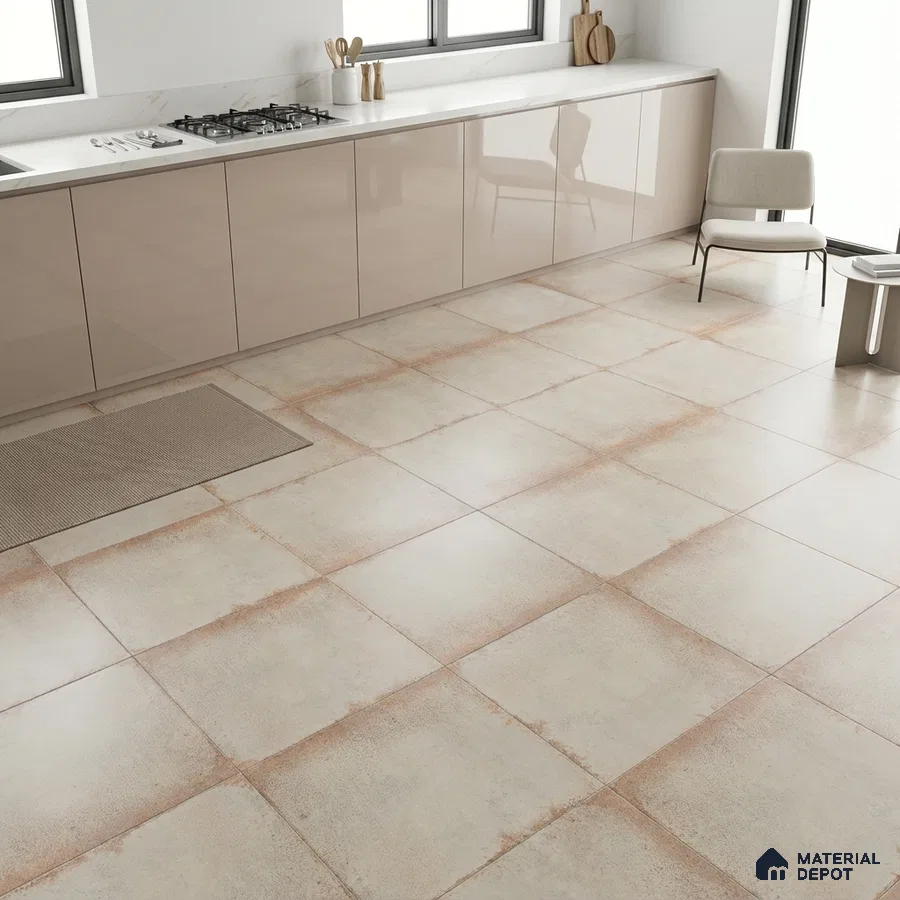 Modern kitchen with glossy beige laminate cabinets and rustic beige stone-look floor tiles