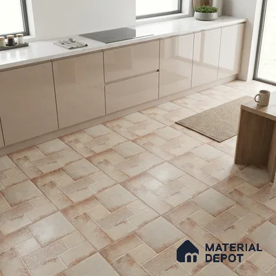 Modern kitchen with glossy beige laminate cabinets and beige patterned floor tiles