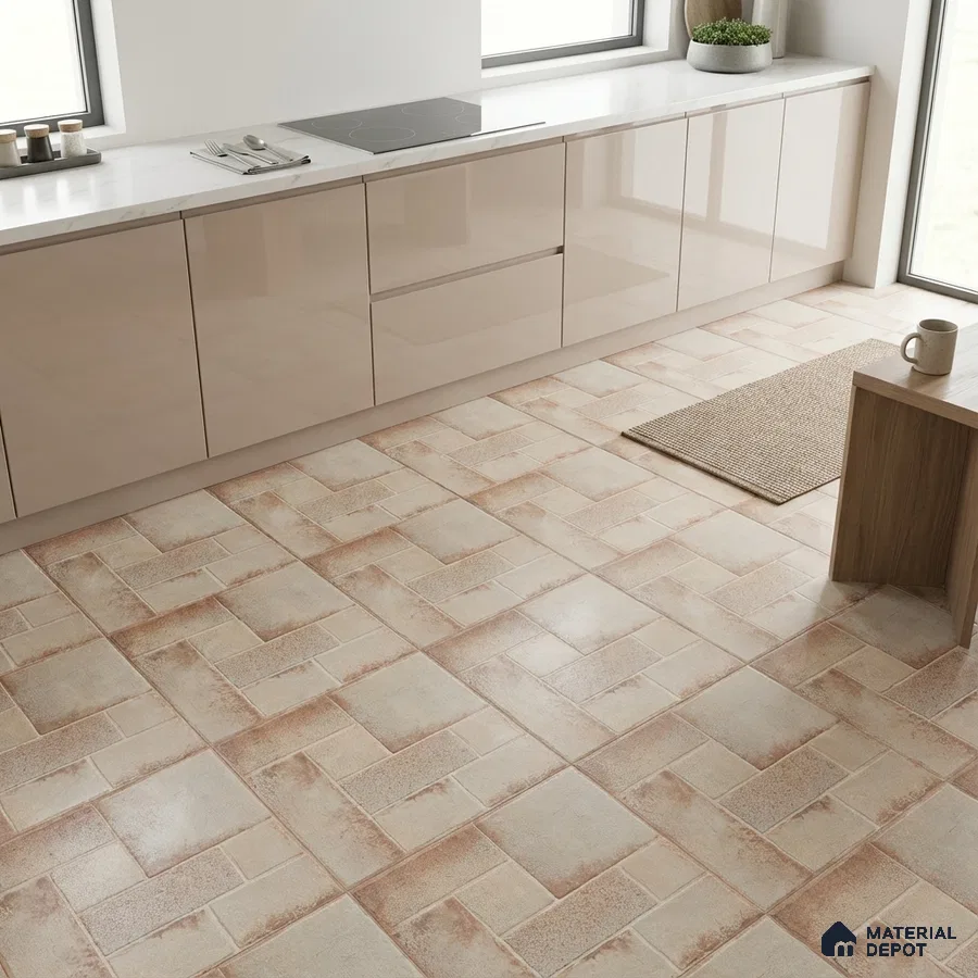 Modern kitchen with glossy beige laminate cabinets and beige patterned floor tiles