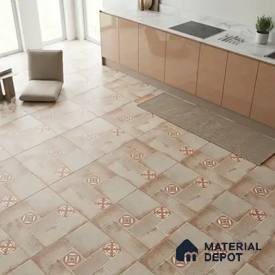 Modern kitchen with beige glossy laminate cabinets, white marble countertop, and terracotta patterned floor tiles
