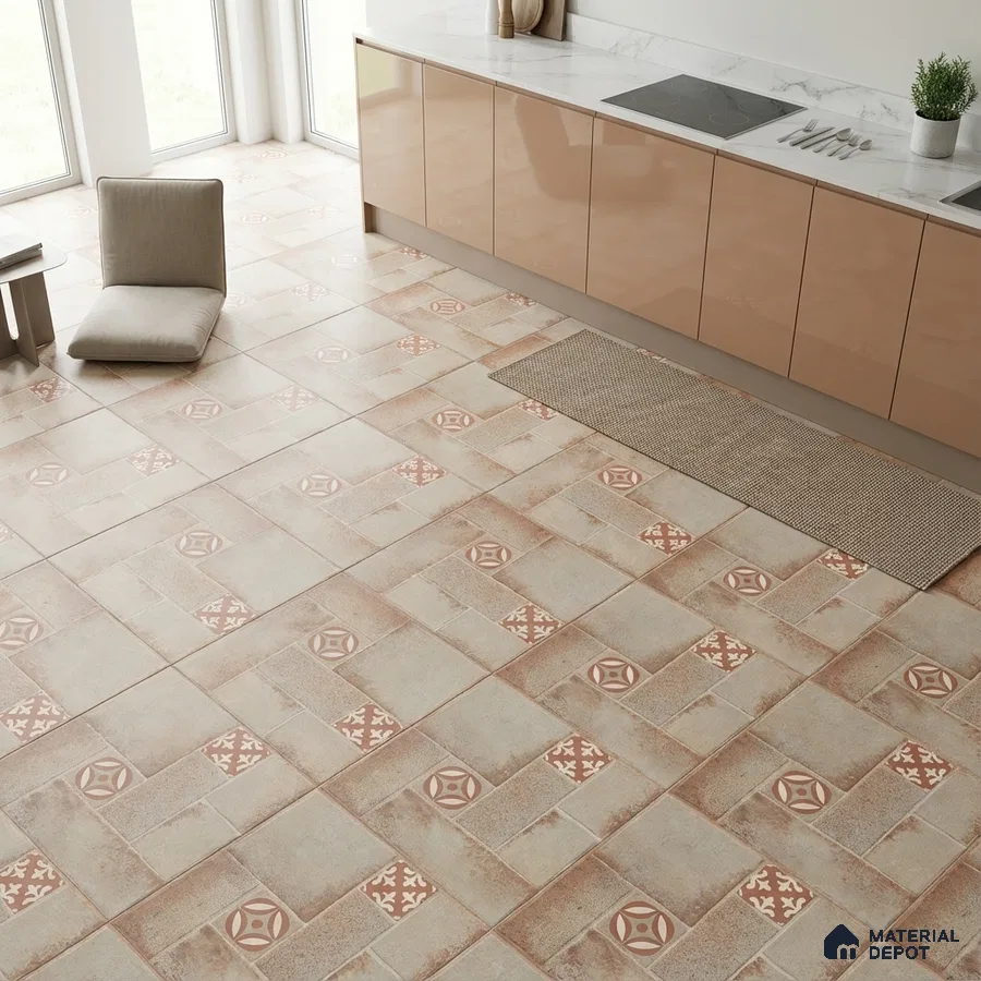 Modern kitchen with beige glossy laminate cabinets, white marble countertop, and terracotta patterned floor tiles