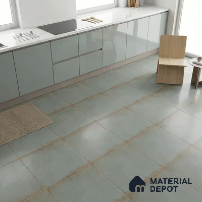 Minimalist kitchen with glossy pale blue laminate cabinets and matte blue-grey stone floor tiles