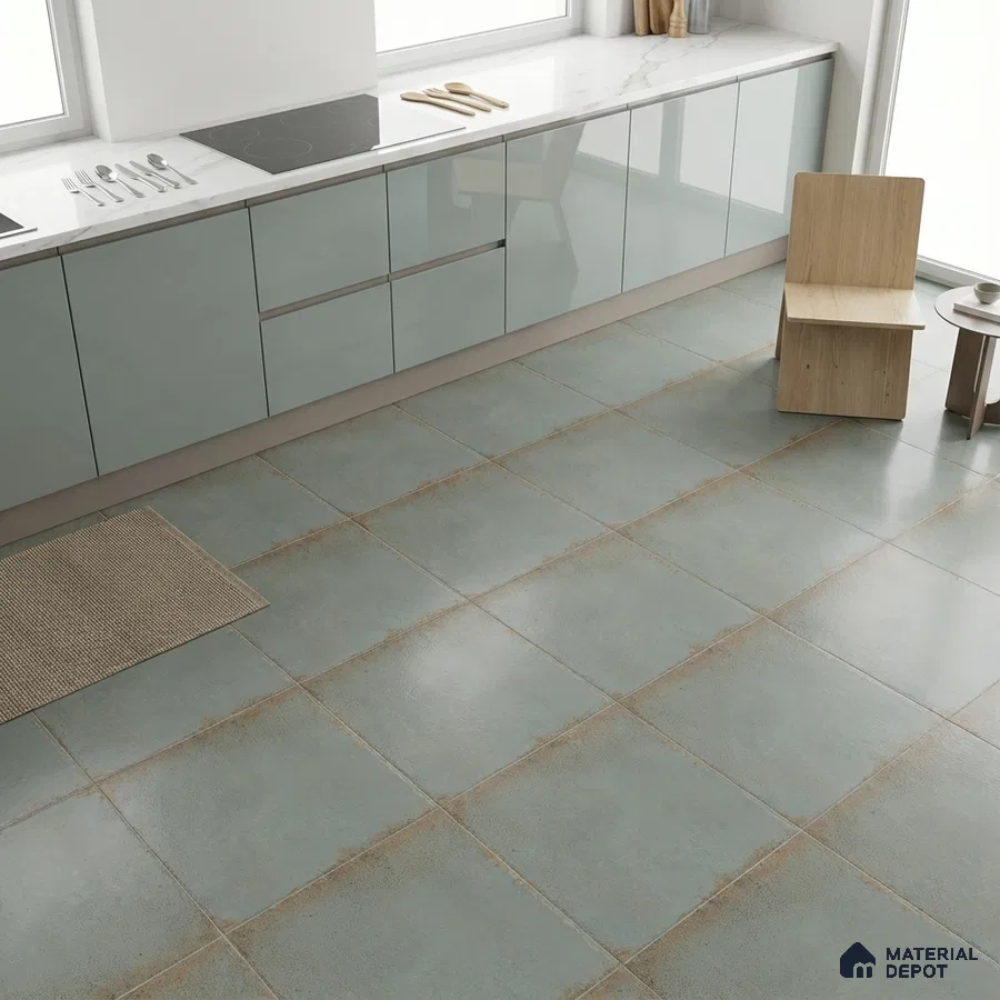 Minimalist kitchen with glossy pale blue laminate cabinets and matte blue-grey stone floor tiles