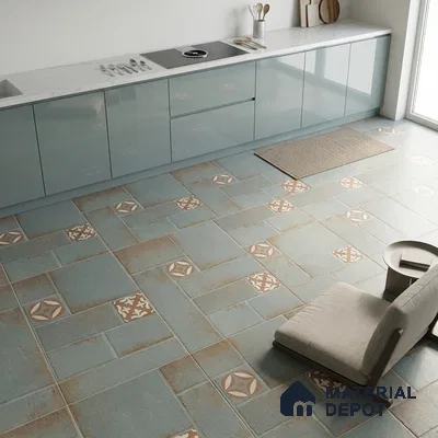 Modern kitchen with glossy pale blue laminate cabinets, white marble countertop, and blue patterned floor tiles