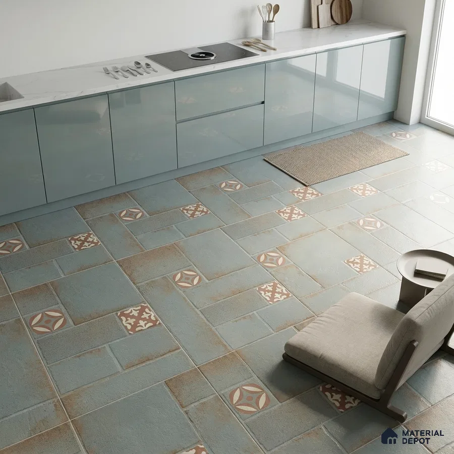 Modern kitchen with glossy pale blue laminate cabinets, white marble countertop, and blue patterned floor tiles
