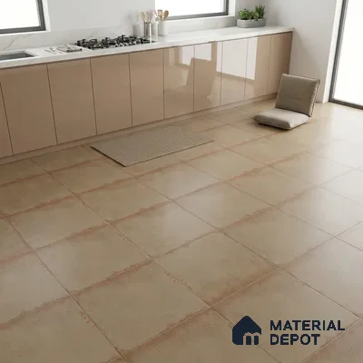 Minimalist kitchen with glossy beige laminate cabinets and matte beige stone-look floor tiles