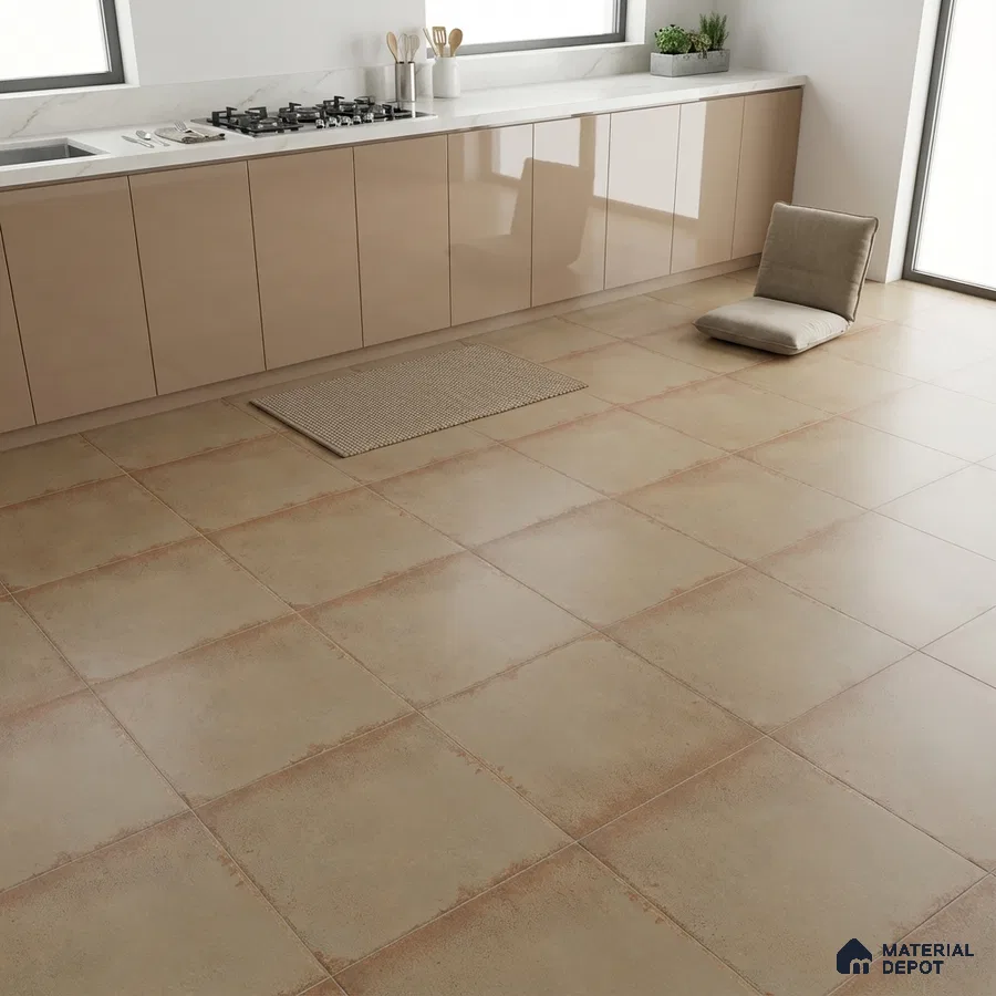 Minimalist kitchen with glossy beige laminate cabinets and matte beige stone-look floor tiles