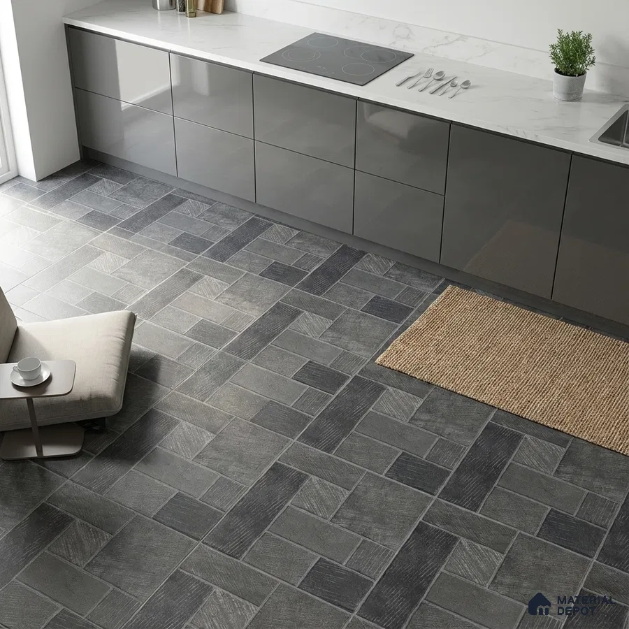 Modern kitchen with grey high gloss laminate cabinets, white marble countertop, and patterned grey stone floor tiles