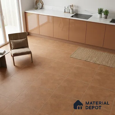 Modern kitchen with glossy terracotta laminate cabinets and white marble countertop