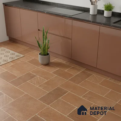 Modern kitchen with matte brown laminate cabinets, black marble countertop, and terracotta patterned floor tiles