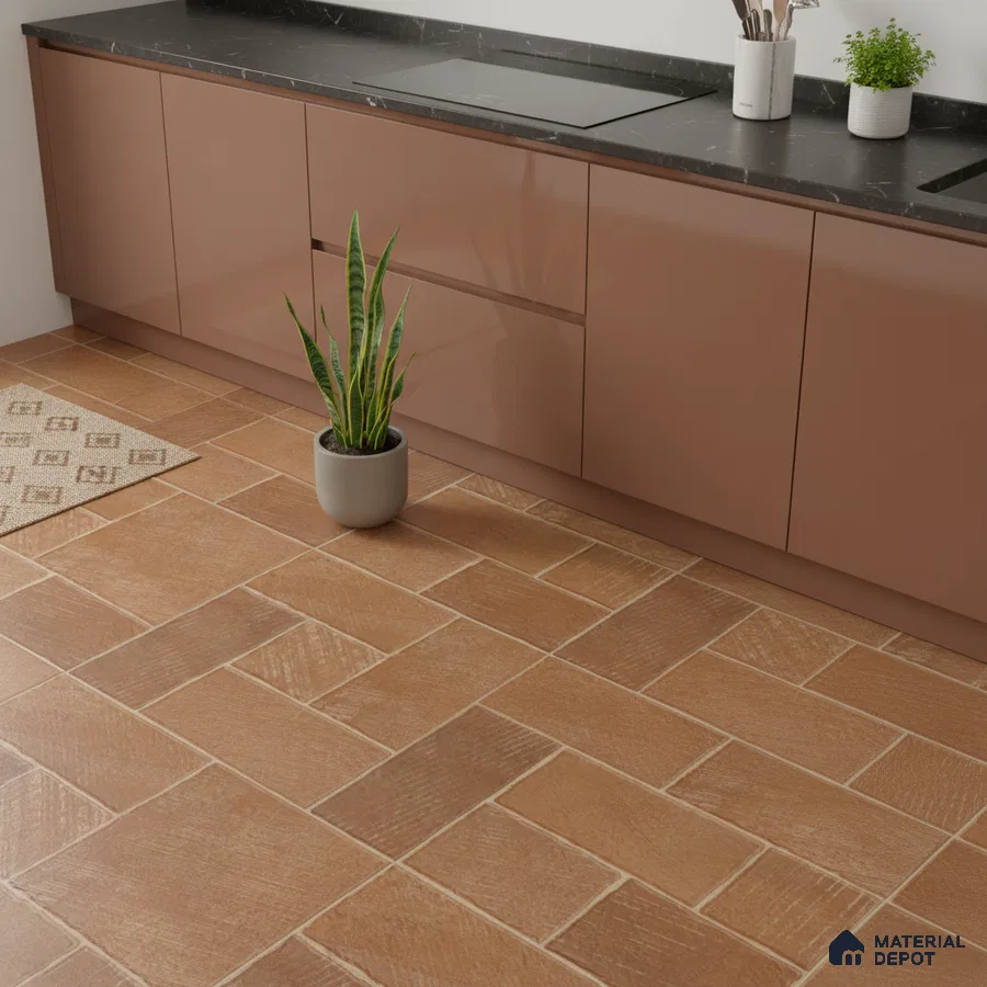 Modern kitchen with matte brown laminate cabinets, black marble countertop, and terracotta patterned floor tiles