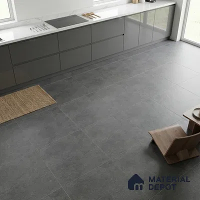 Minimalist kitchen with grey high gloss laminate cabinets and matte grey stone floor tiles