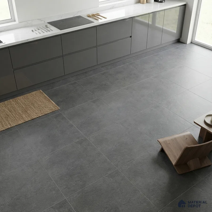 Minimalist kitchen with grey high gloss laminate cabinets and matte grey stone floor tiles