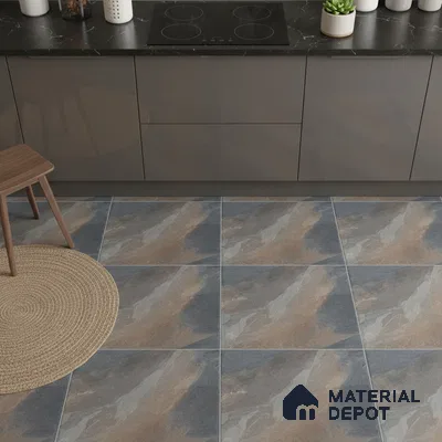 Modern kitchen with matte grey cabinets, black marble countertop, and multitone stone-look floor tiles