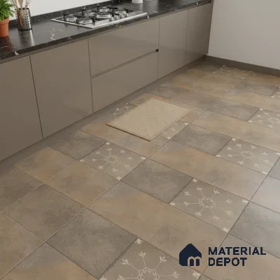 Modern kitchen with taupe laminate cabinets, black marble countertop, and patterned brown ceramic floor tiles