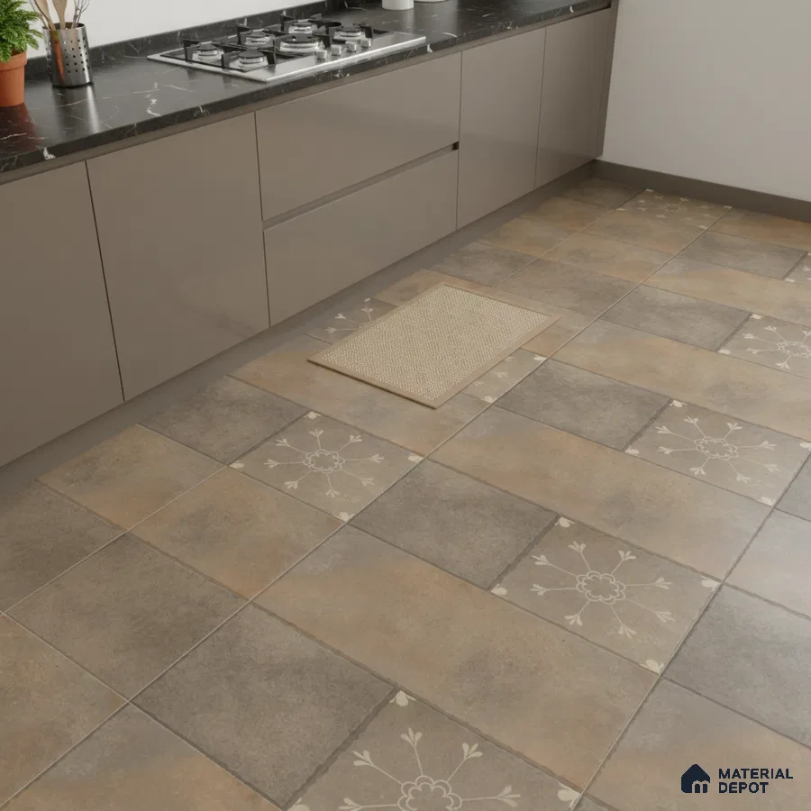 Modern kitchen with taupe laminate cabinets, black marble countertop, and patterned brown ceramic floor tiles