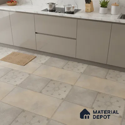 Modern kitchen with beige glossy laminate cabinets, white marble backsplash, and floral patterned beige and grey floor tiles