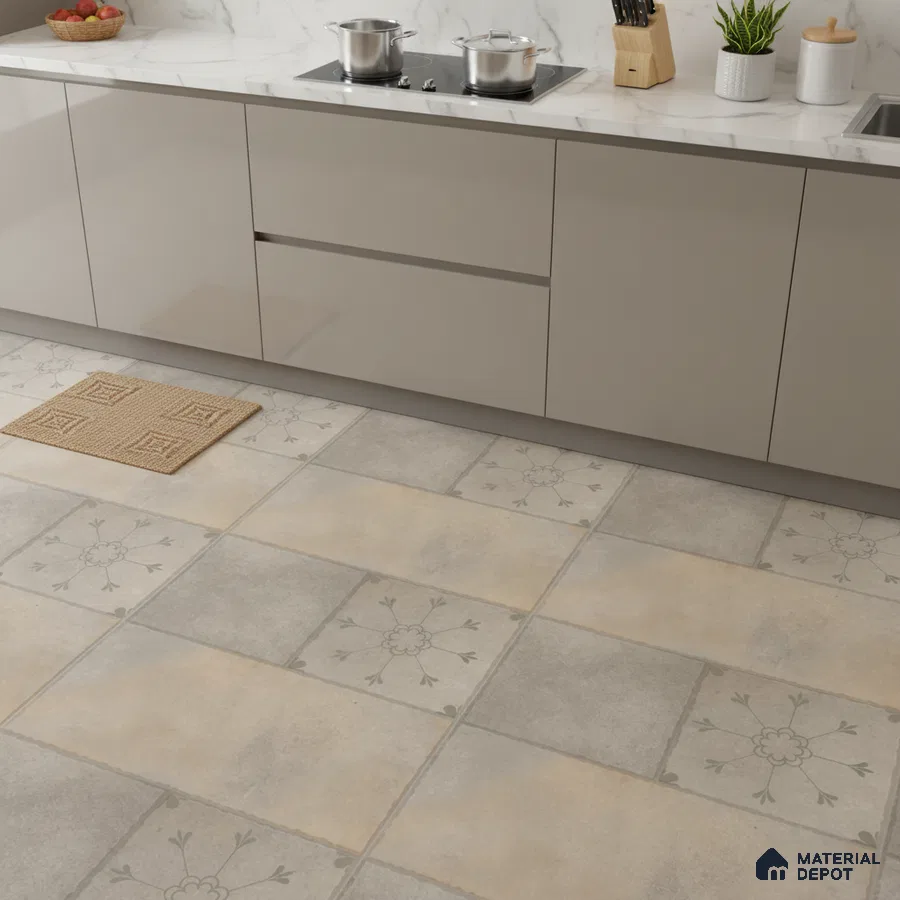 Modern kitchen with beige glossy laminate cabinets, white marble backsplash, and floral patterned beige and grey floor tiles